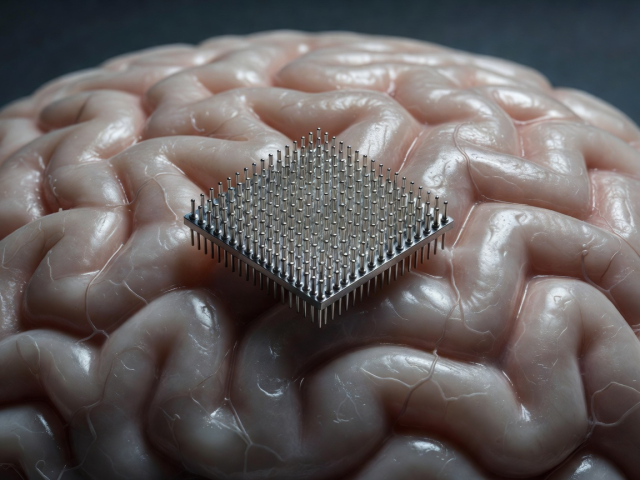 Close view of a small square microelectrode array positioned over a rendered cortical surface