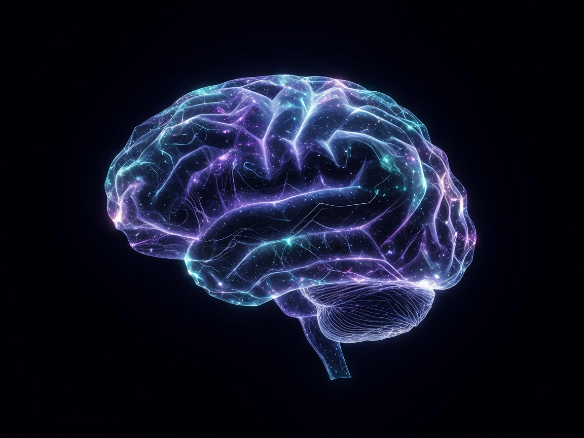Stylised brain scan with glowing neural pathways in cyan and violet against a dark background
