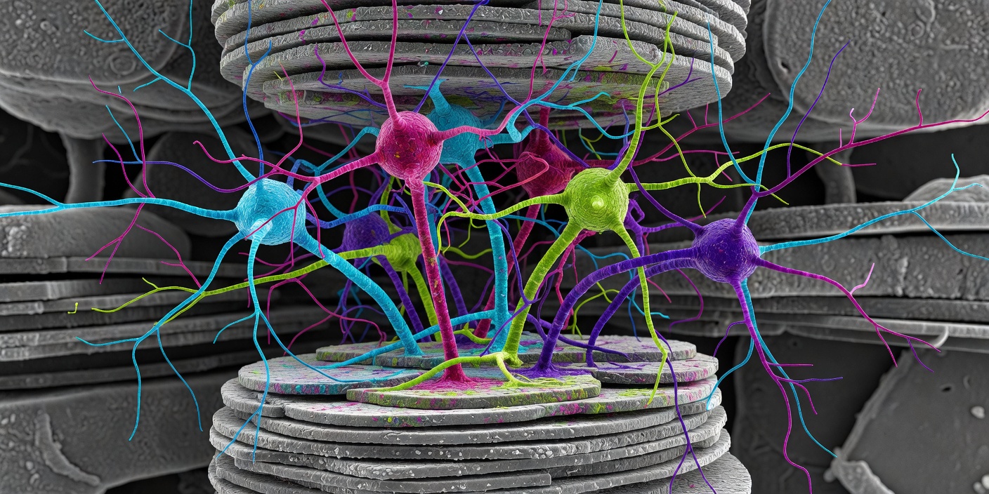 Reconstructed neurons in many colours emerging from a stack of electron microscopy sections