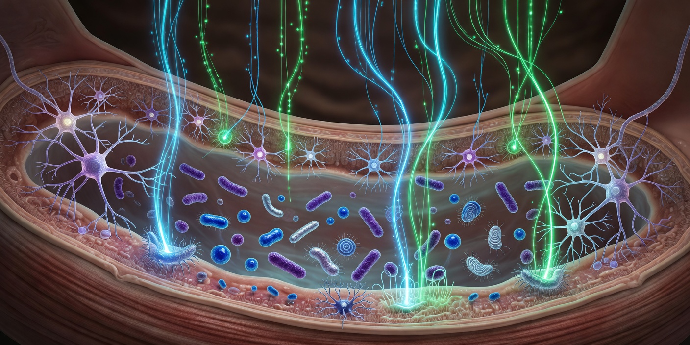 Illustration of the intestinal wall with enteric neurons, bacteria in the lumen and signalling pathways rising toward the brain