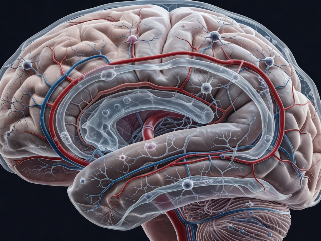 Illustration of cerebrospinal fluid flowing along blood vessels through brain tissue