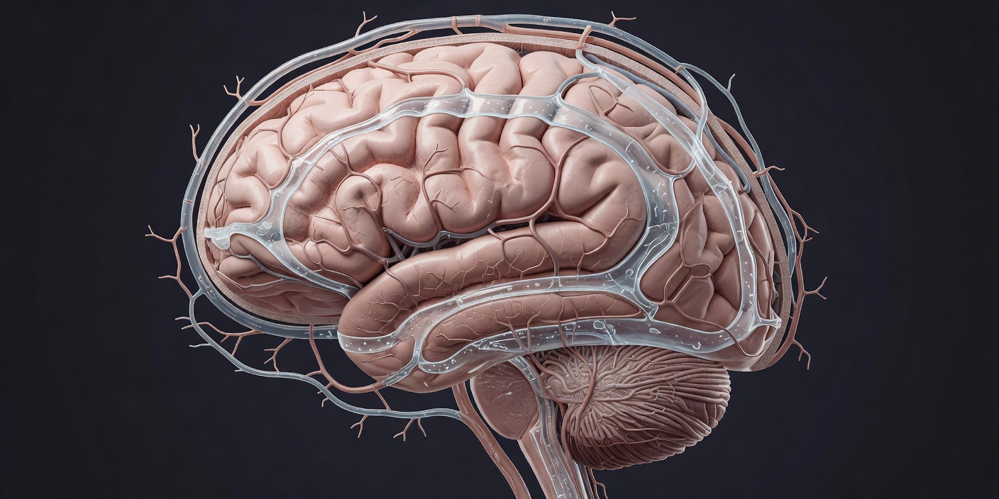 Cross-section of a brain during sleep with fluid shown moving through channels around blood vessels