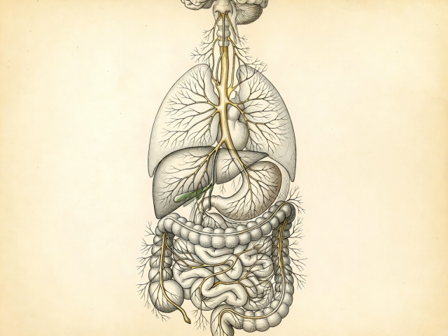 Anatomical illustration tracing the vagus nerve from the brainstem down to the intestines